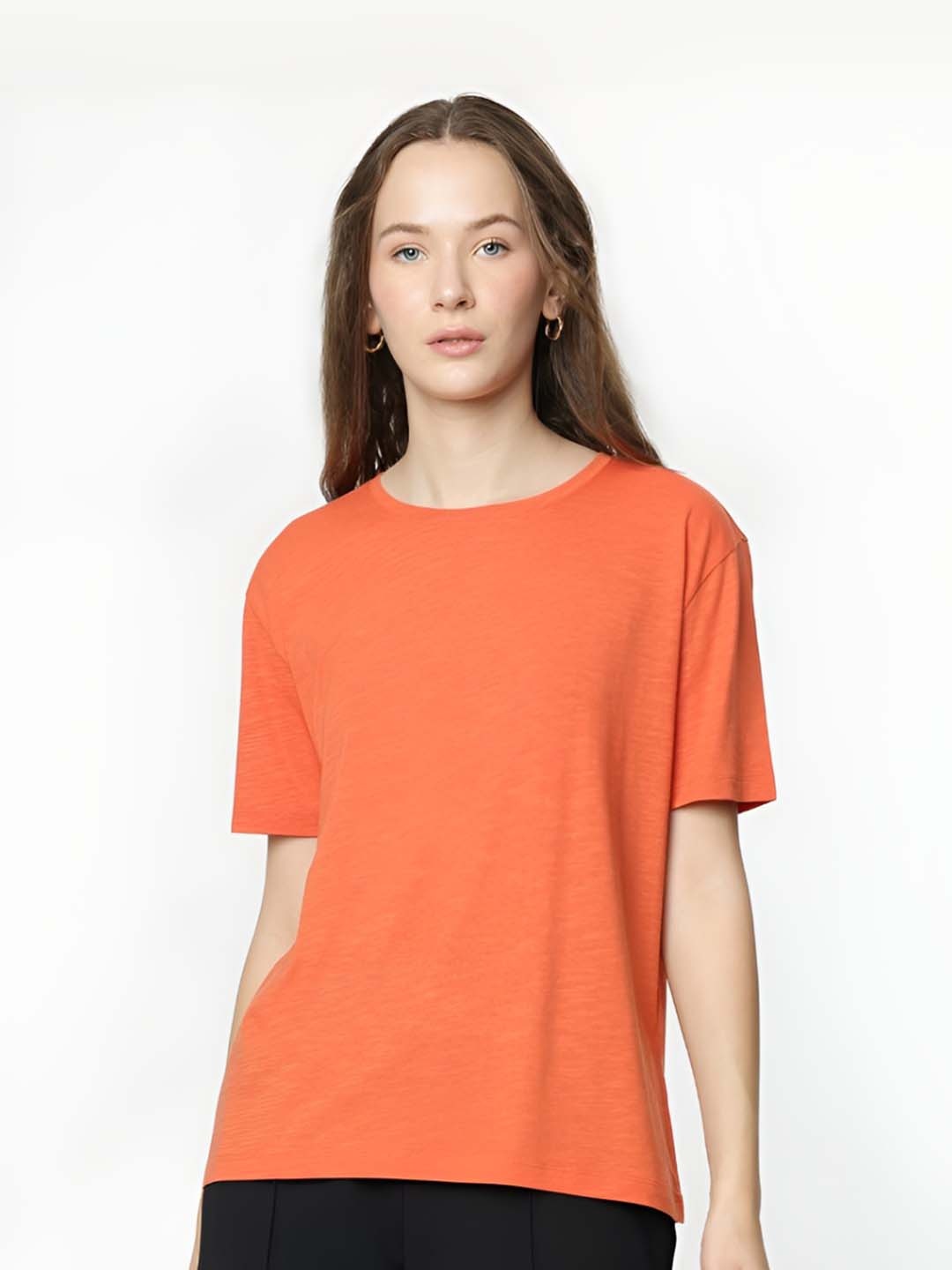 

Marks & Spencer Women Solid Round Neck Cotton T-shirt, Orange