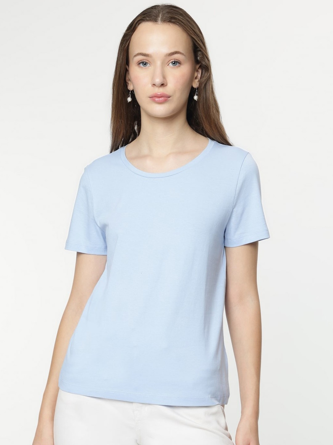 

Marks & Spencer Women Solid Round Neck Cotton T-shirt, Blue