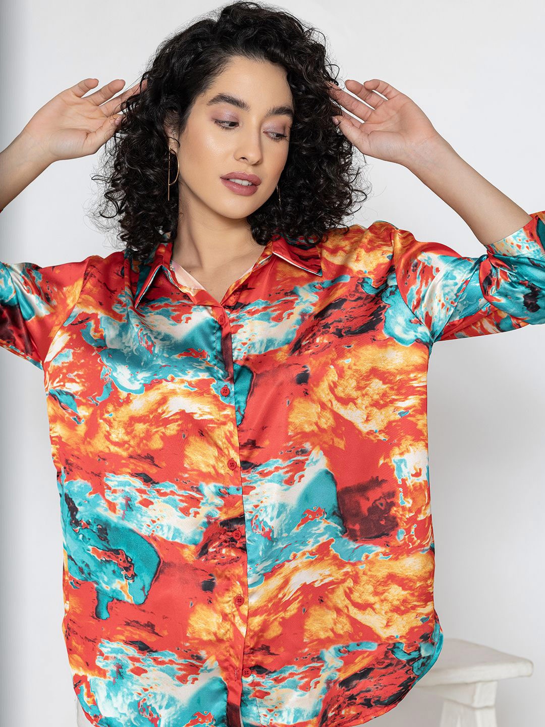 

Lounge Dreams Women Standard Spread Collar Abstract Printed Satin Casual Shirt, Red
