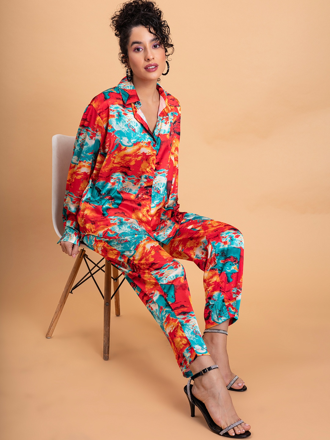 

Lounge Dreams Abstract Printed Shirt Collar Shirt With Trouser, Red