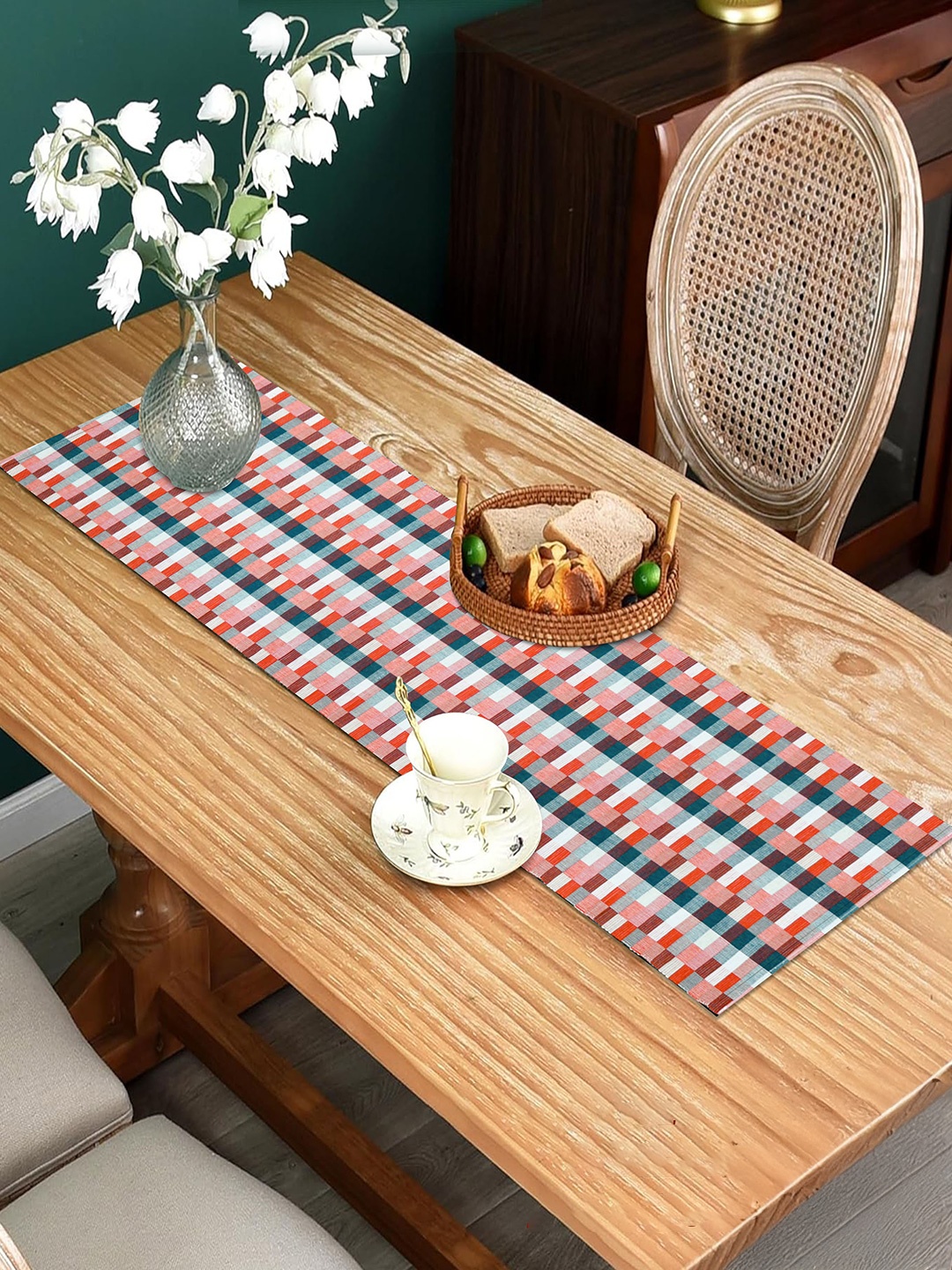 

HOME COLORS.IN Orange & Blue Printed Cotton Table Runner