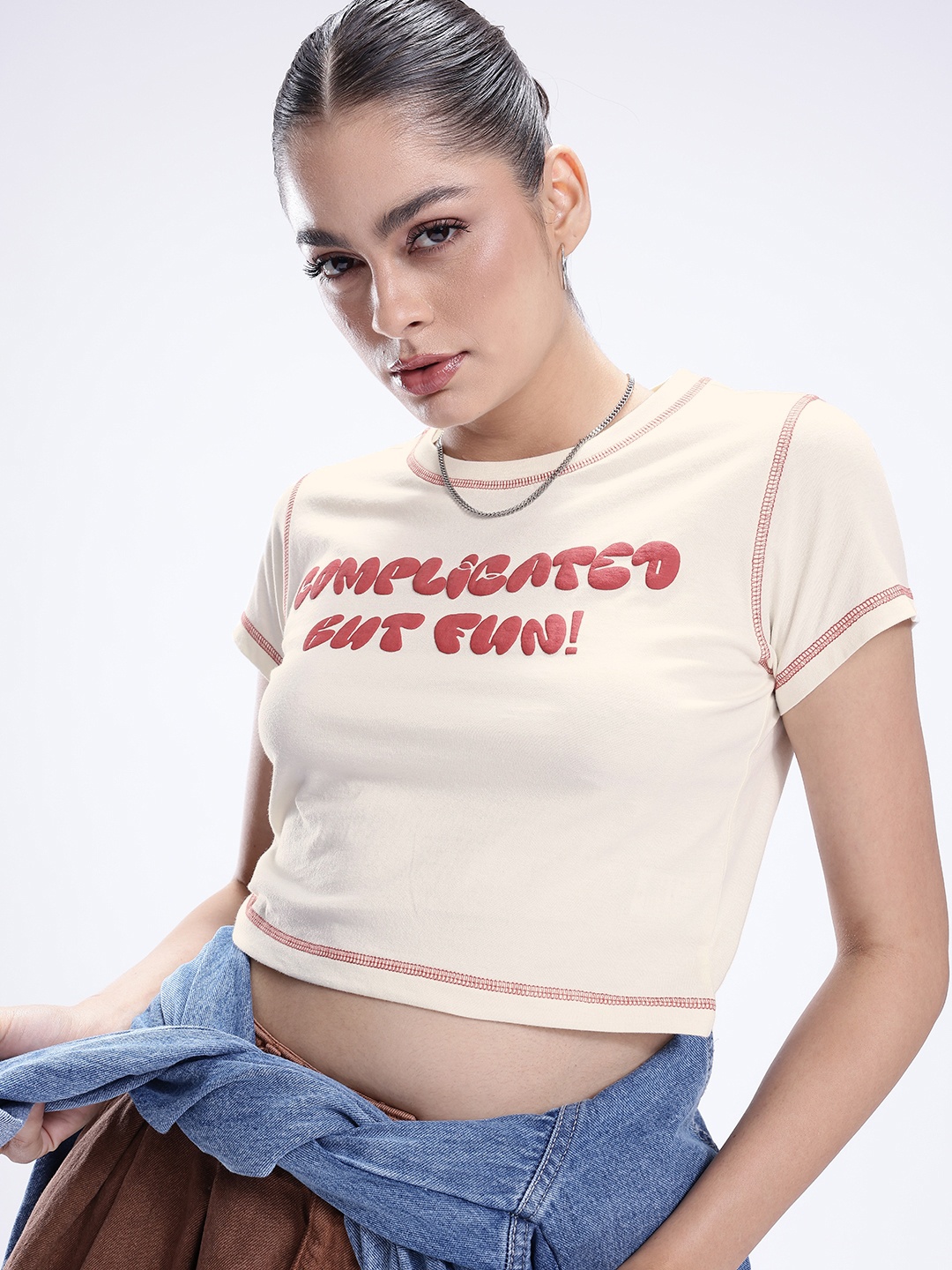 

Kook N Keech Pure Cotton Typography Printed Crop T-shirt, Off white