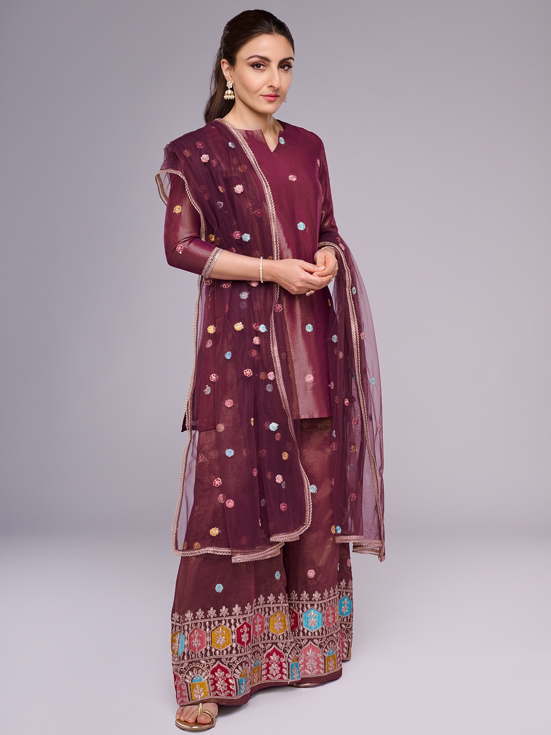 

House of Pataudi Floral Embroidered Jashn Kurti With Palazzos & With Dupatta, Brown