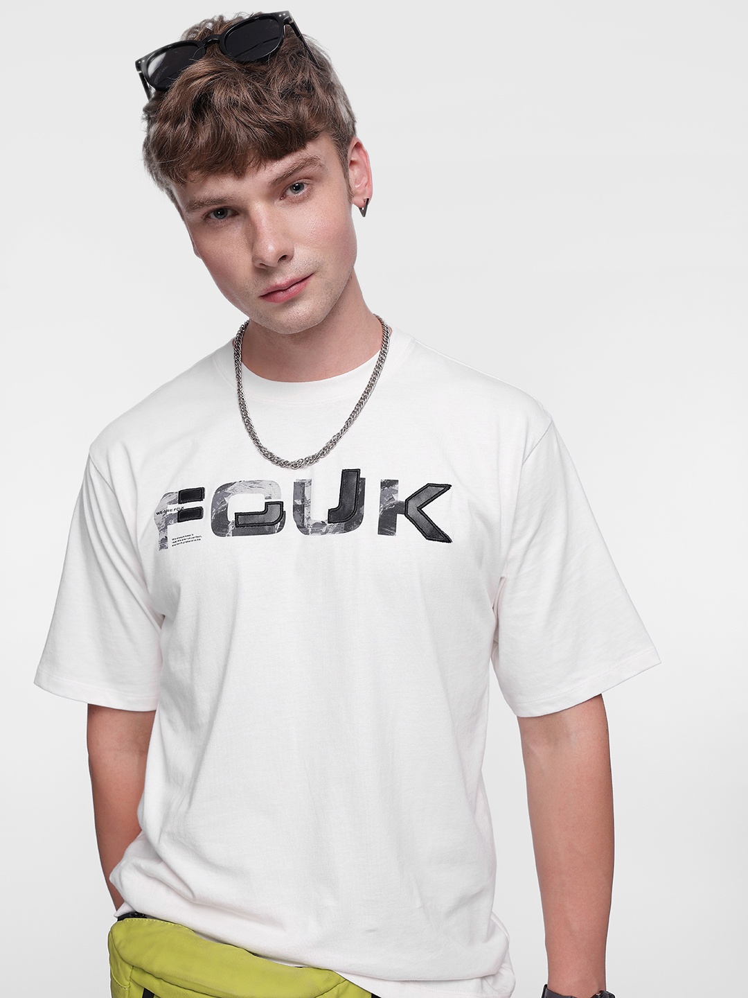 

FCUK Brand Logo Printed Drop-Shoulder Sleeves Relaxed Fit Pure Cotton T-shirt, White