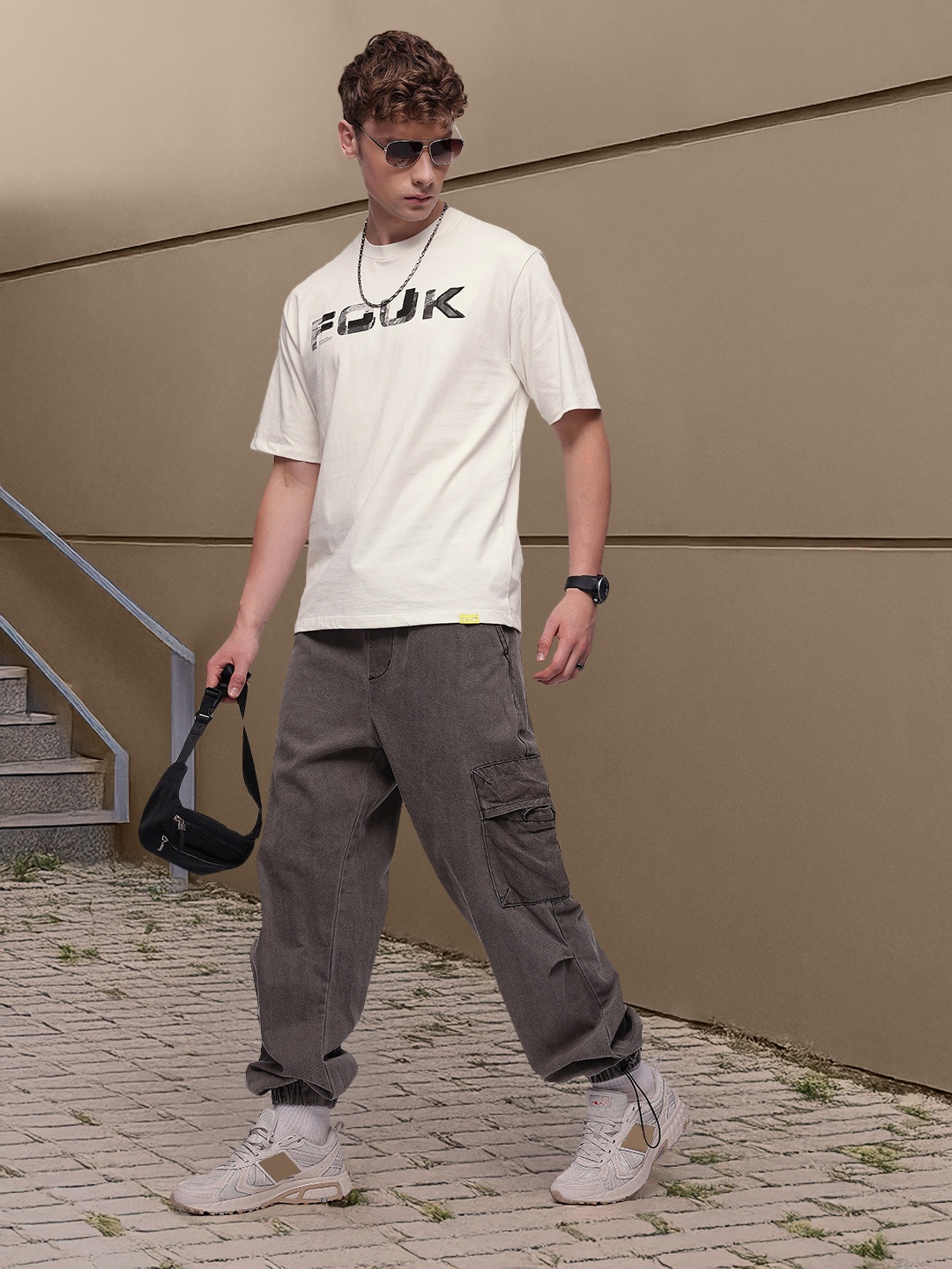 

FCUK Brand Logo Printed Drop-Shoulder Sleeves Relaxed Fit Pure Cotton T-shirt, White