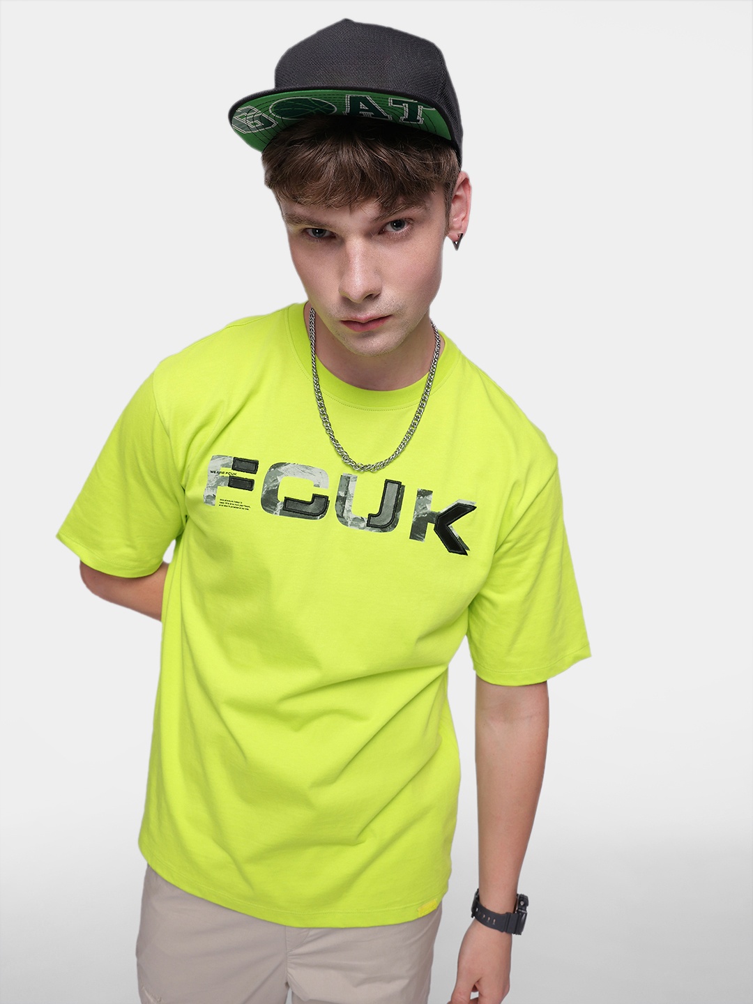 

FCUK Brand Logo Printed Drop-Shoulder Sleeves Relaxed Fit Pure Cotton T-shirt, Green