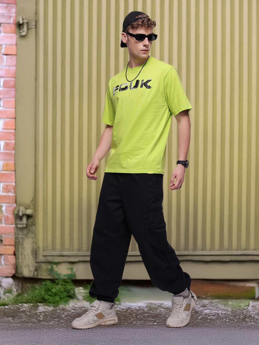 

FCUK Brand Logo Printed Drop-Shoulder Sleeves Relaxed Fit Pure Cotton T-shirt, Green