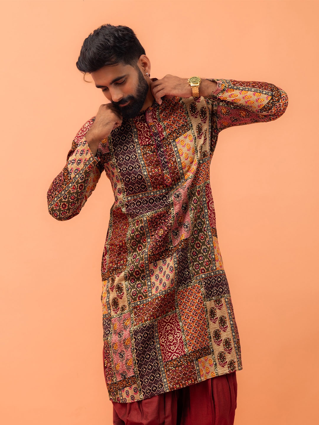 

KISAH Mandarin Collar Ethnic Motifs Printed Regular Straight Kurta, Orange