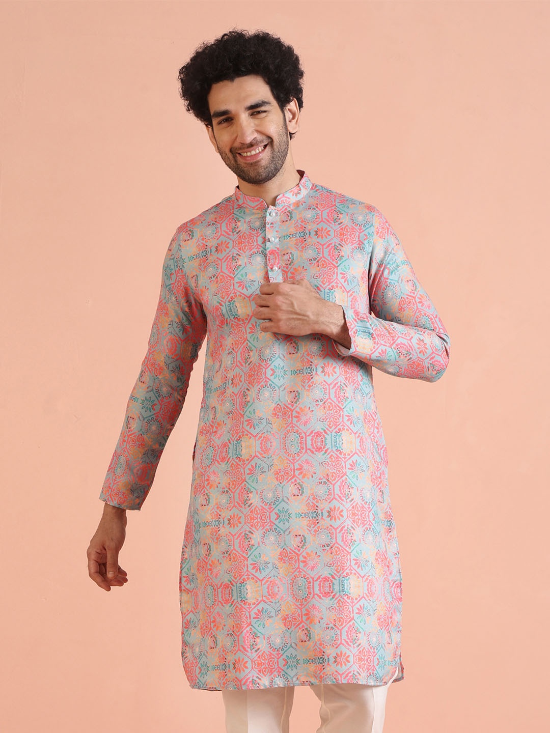 

KISAH Mandarin Collar Ethnic Motifs Printed Regular Straight Kurta, Pink