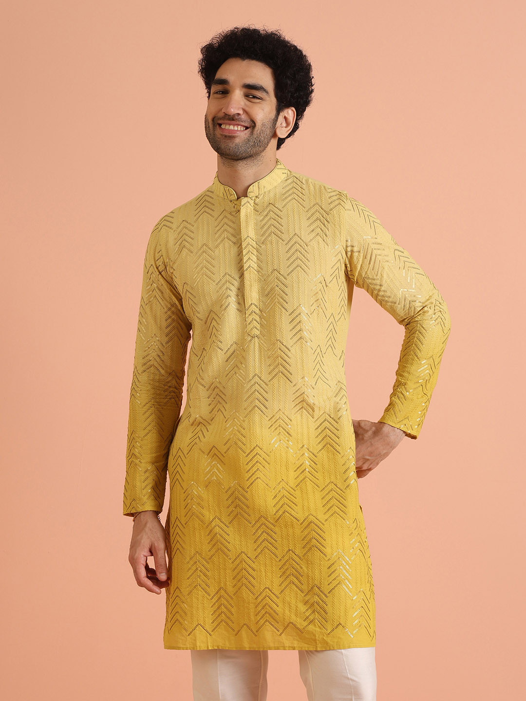 

KISAH Geometric Embroidered Sequinned Mandarin Collar Straight Kurta, Yellow