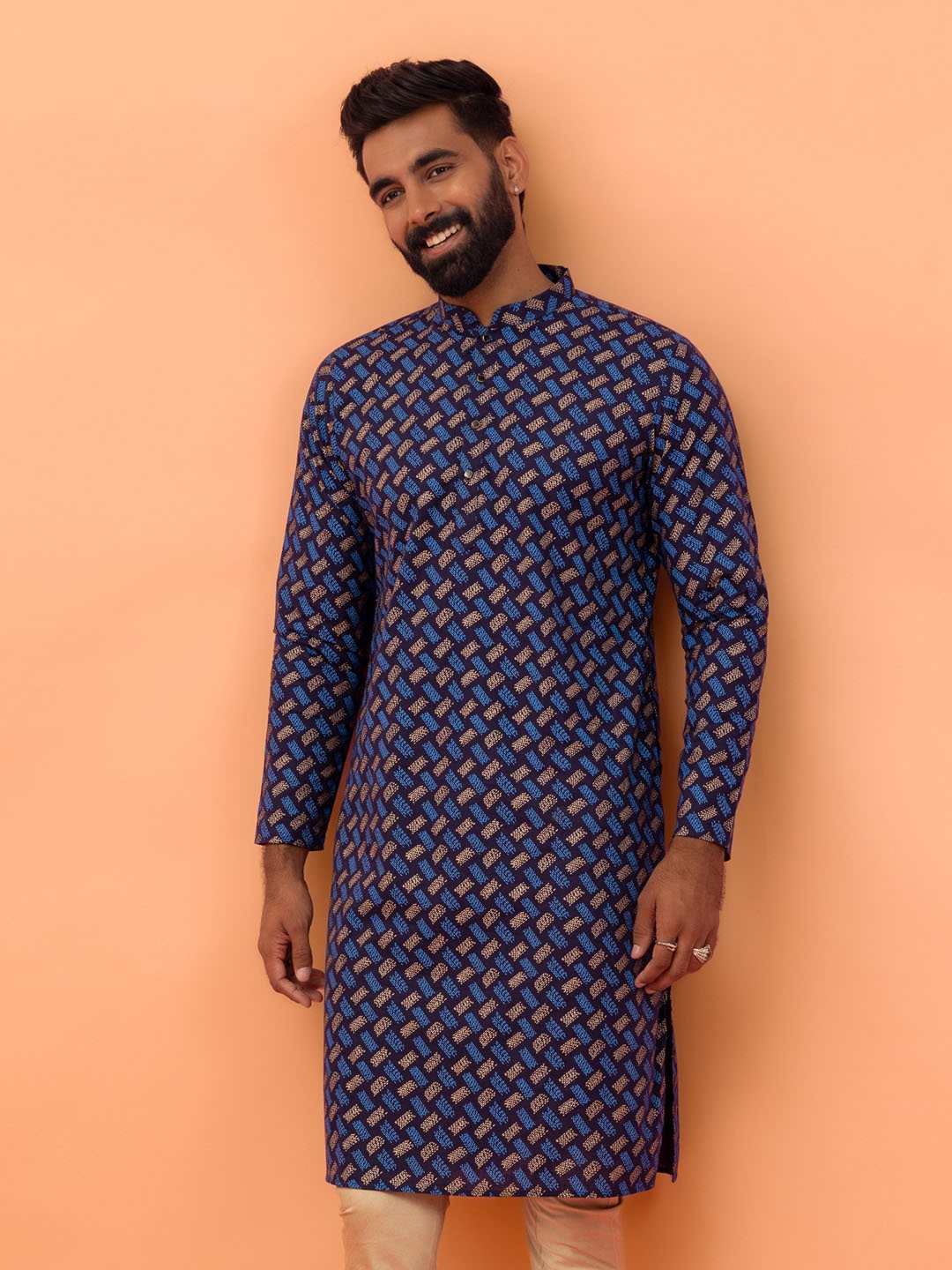 

KISAH Mandarin Collar Ethnic Motifs Printed Regular Straight Kurta, Navy blue