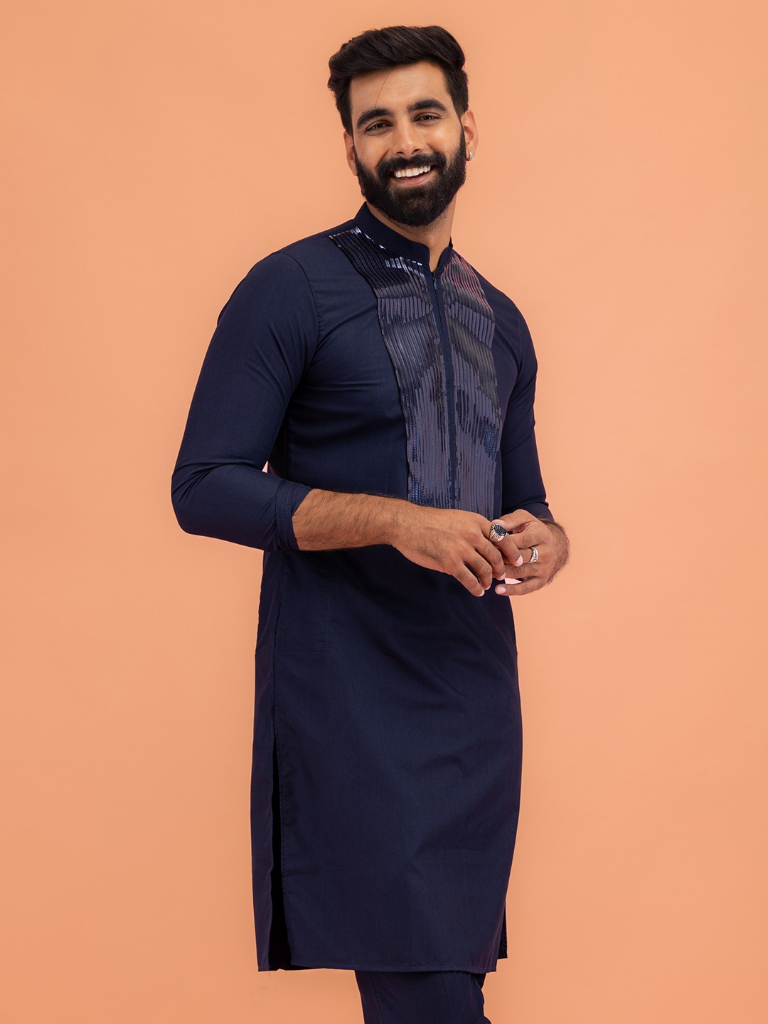 

KISAH Striped Yoke Design Mandarin Collar Straight Kurta, Navy blue