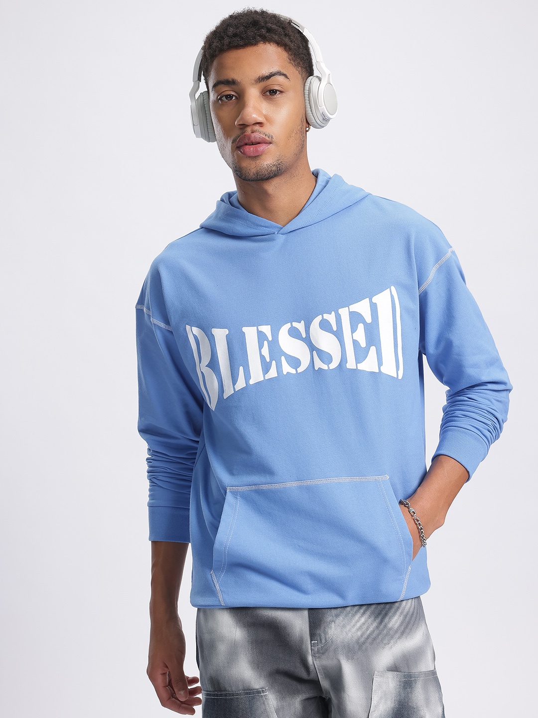 

glitchez Blessed Daze Printed Hooded Sweatshirt, Blue