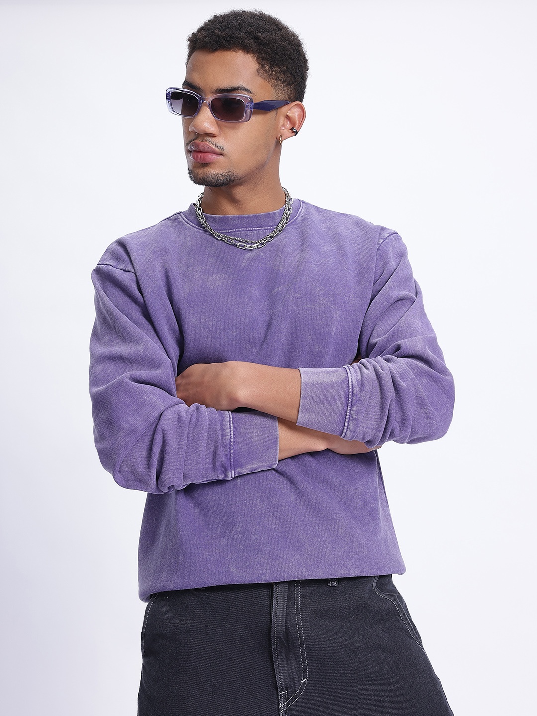 

glitchez Bleached Vibes Drop-Shoulder Sleeves Fleece Oversized Sweatshirt, Purple