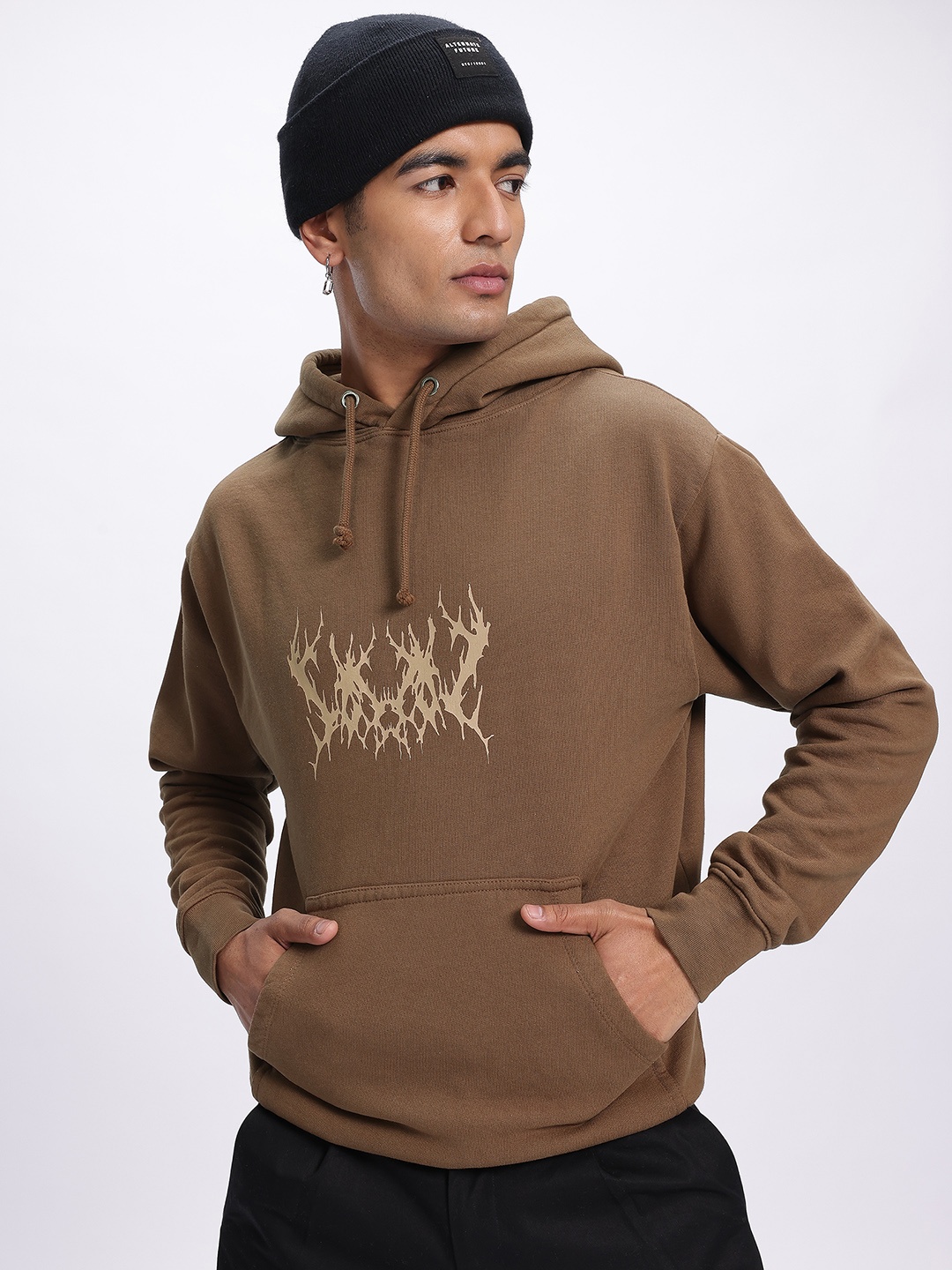 

glitchez Street Core Graphic Oversized Hooded Fleece Sweatshirt, Brown