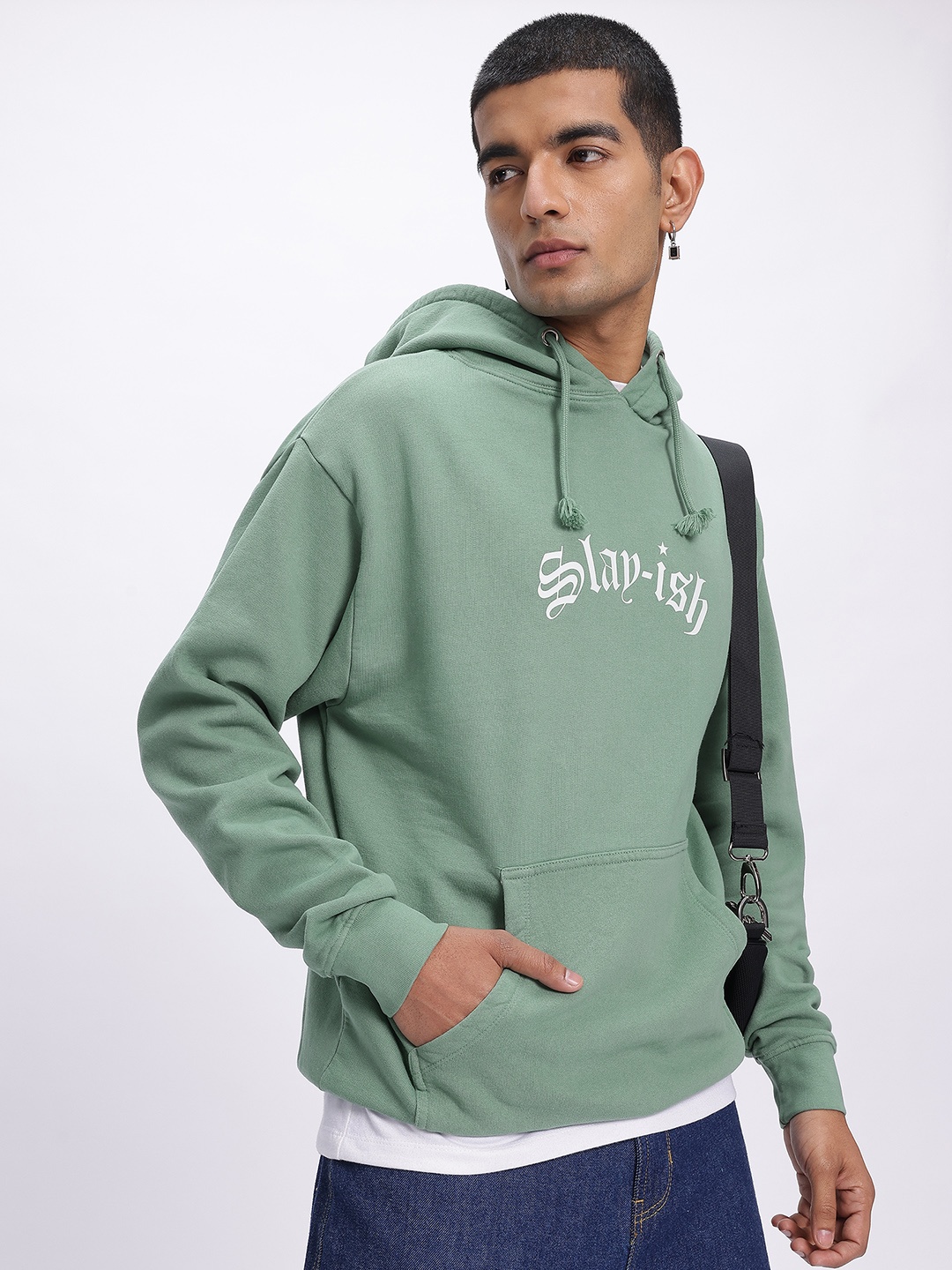 

glitchez Comfort Casuals Typo Print Fleece Oversize Hooded Sweatshirt, Green