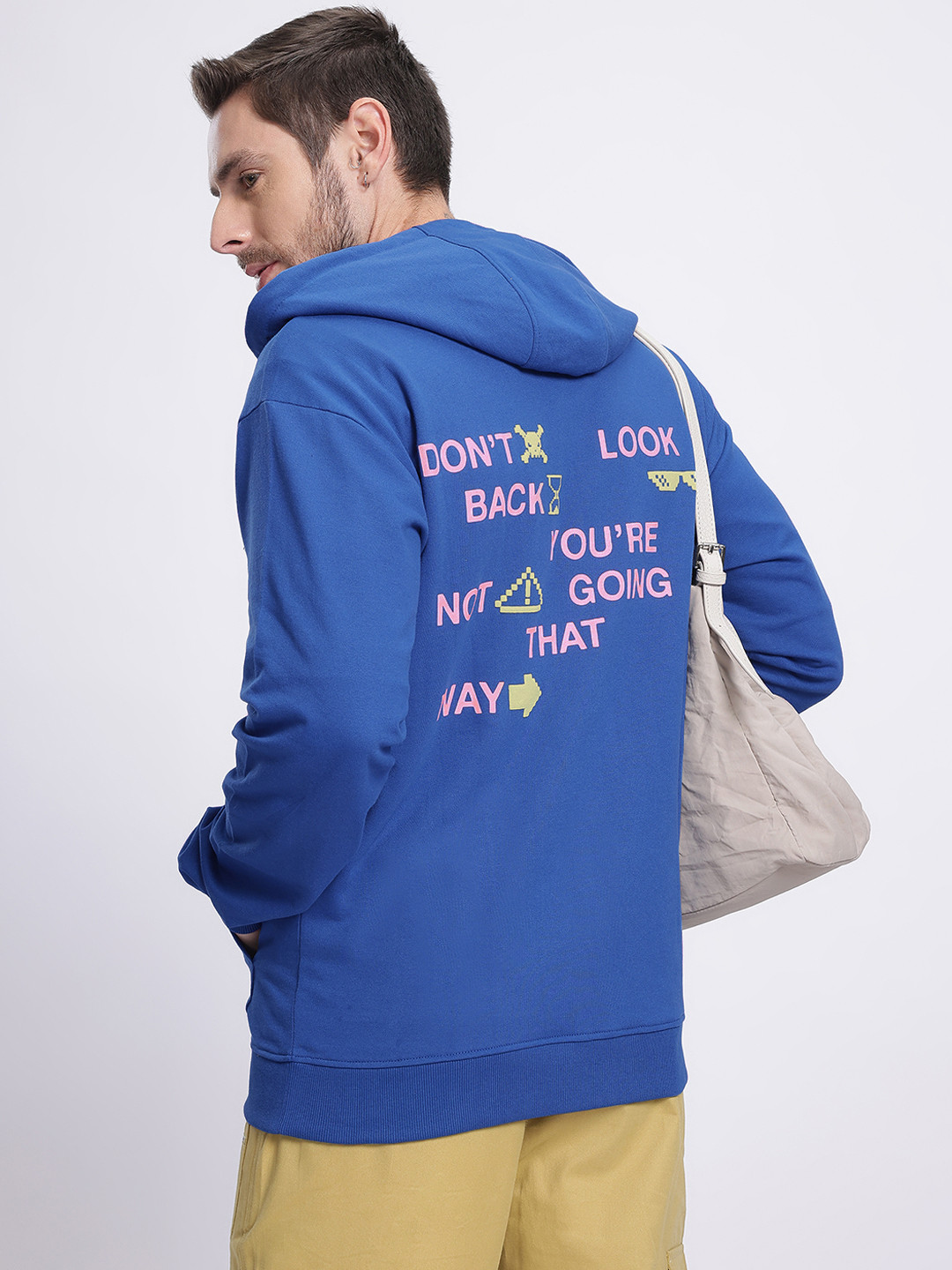 

glitchez Soft Terry Typo Print Hooded Front-Open Sweatshirt, Blue