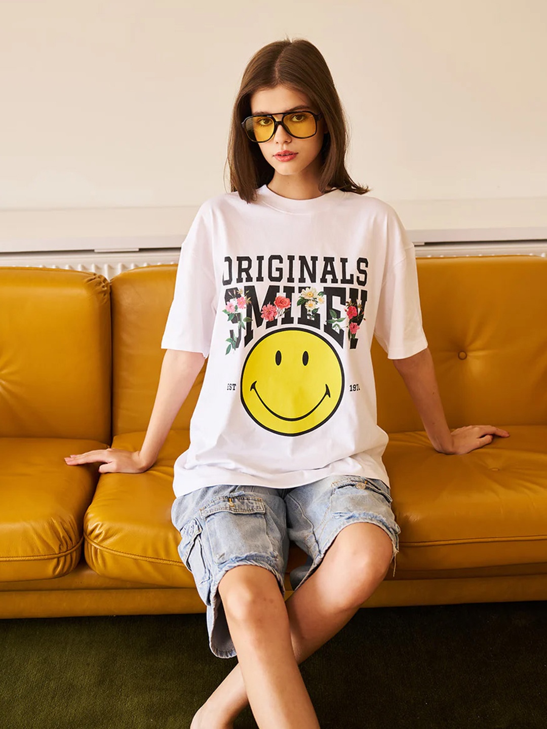 

Bonkers Corner Women Typography Printed Round Neck Cotton Oversized T-shirt, White