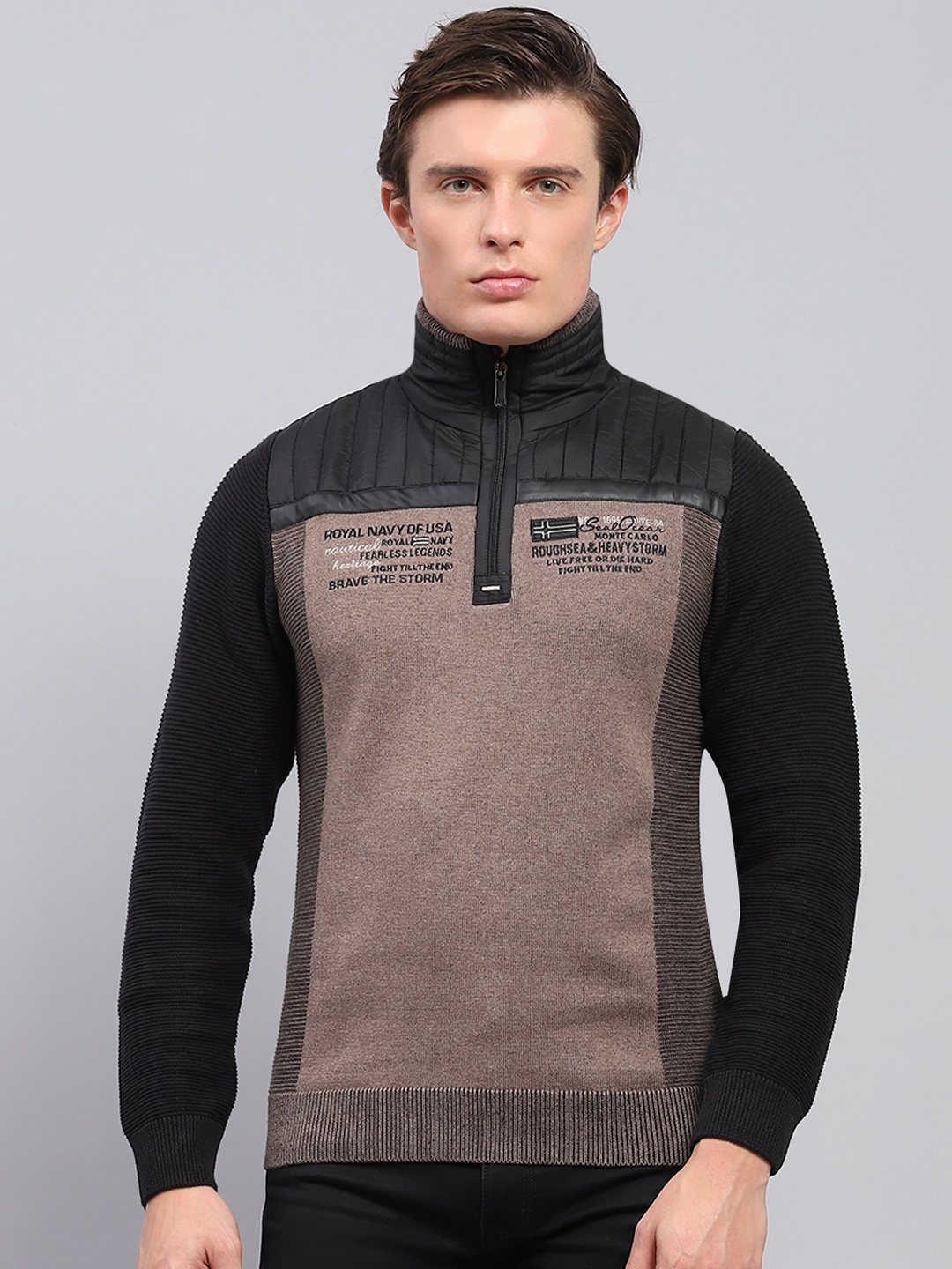 

Monte Carlo Men Typography Printed Cotton Pullover with Zip Detail Detail, Black