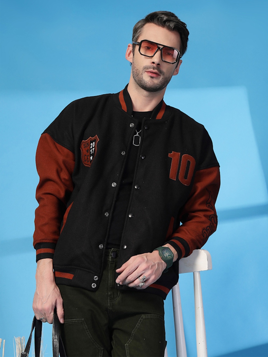 

CHKOKKO Men Stand Collar Typography Printed Fleece Casual Varsity Jacket, Black