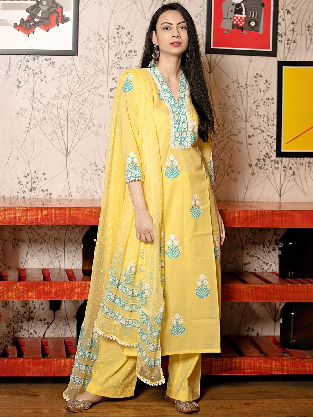 

KALINI V-Neck Floral Printed Straight Kurta with Palazzo & Dupatta, Mustard