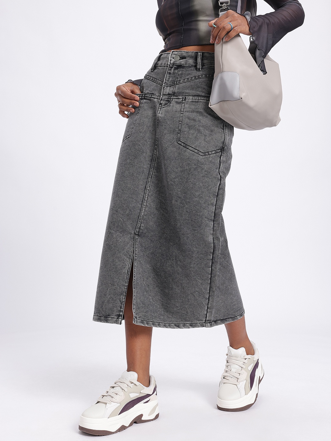 

glitchez Urban Boho Front Slit Midi Denim Skirt, Grey