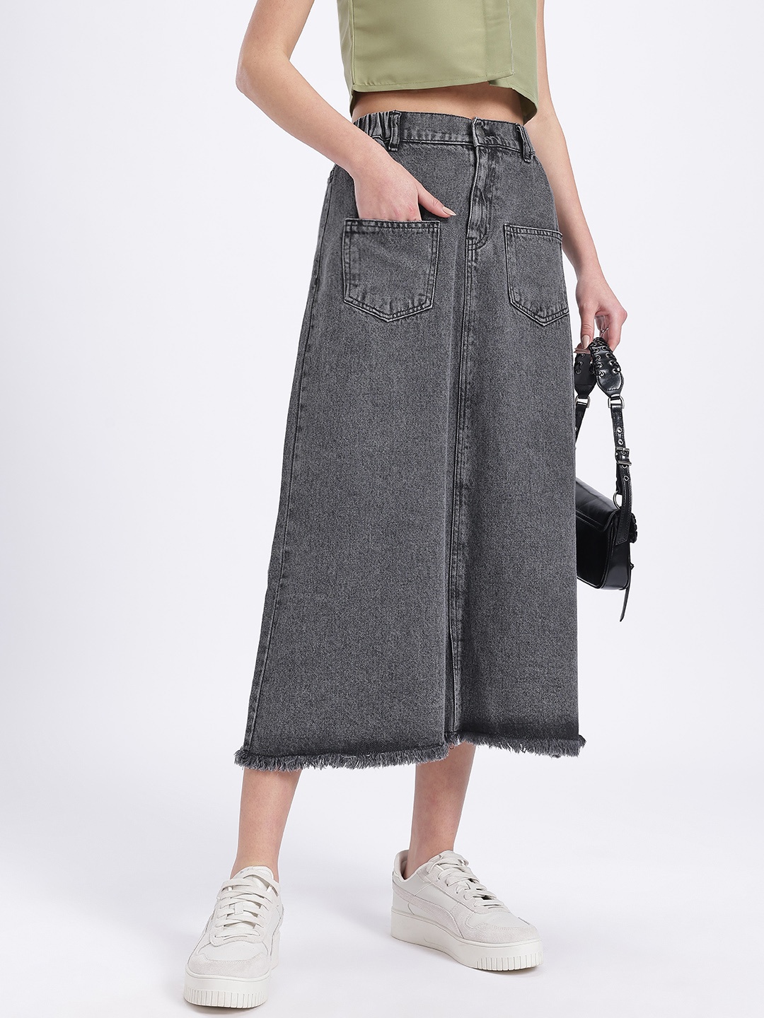 

glitchez Denim Power Light Fade Pure Cotton Midi A-Line Skirt with Frayed Hem, Grey