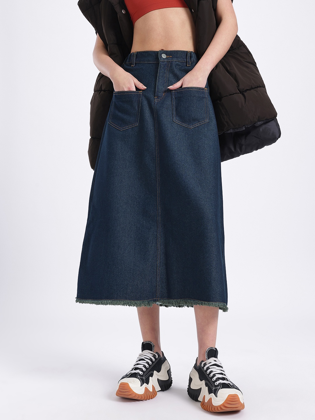 

glitchez Denim Days Pure Cotton Midi A-Line Skirt with Frayed Hem, Navy blue