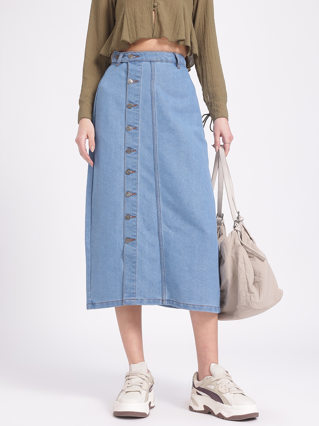 

glitchez City Chic High-Waist Midi Denim Skirt, Blue