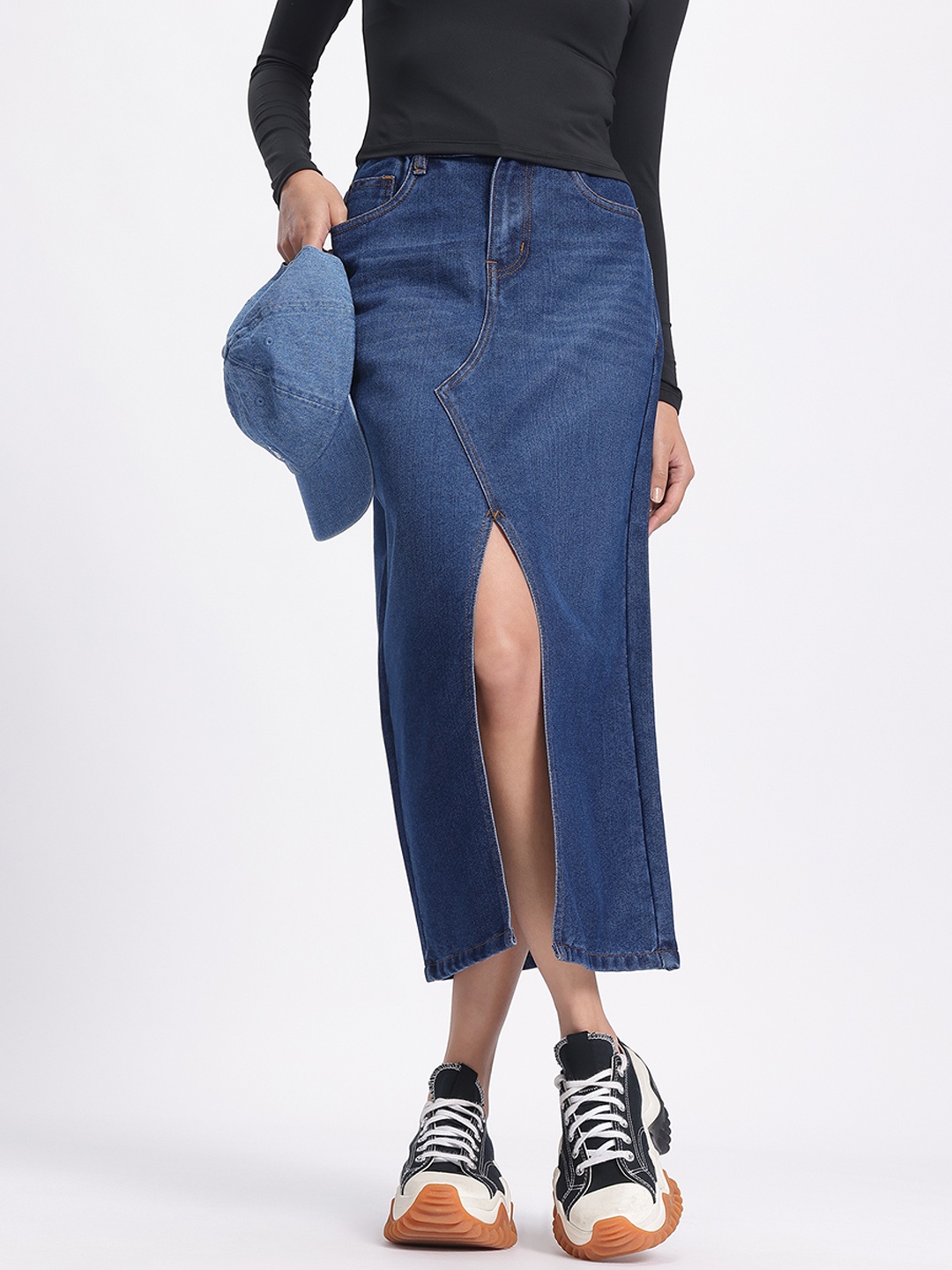 

glitchez Denim Drift Front Slit Straight Midi Skirt, Navy blue