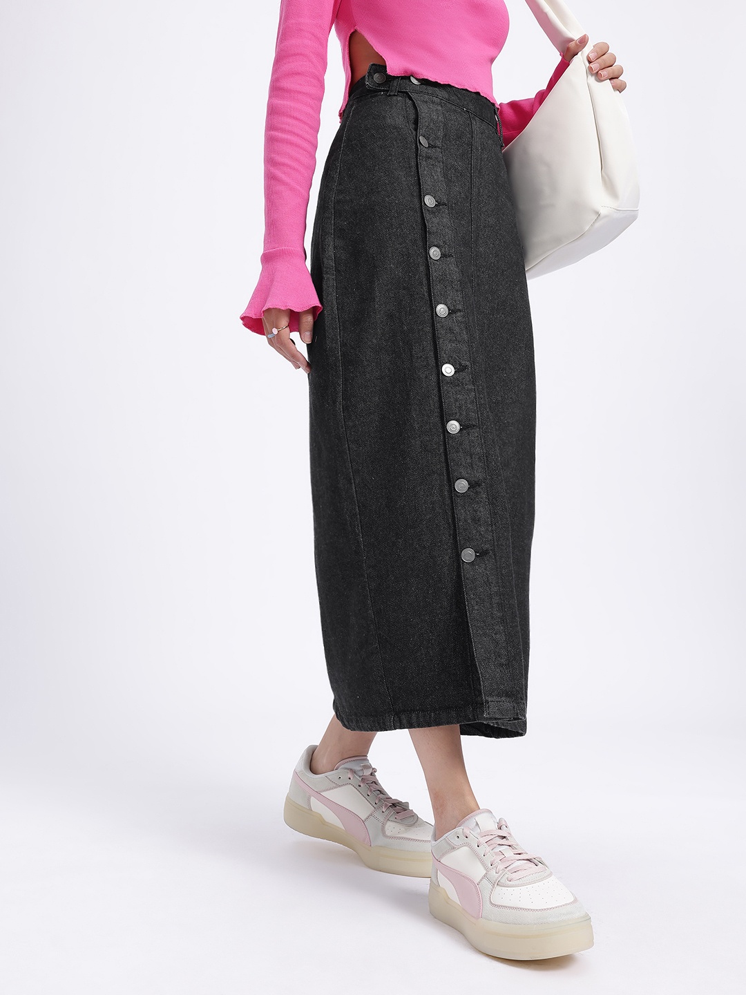 

glitchez Timeless Threads Midi Denim Straight Skirt, Black
