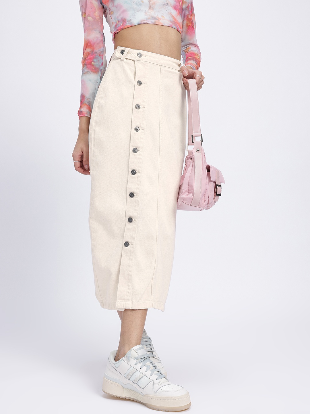 

glitchez Midi Mood Twill Denim Straight Skirt, Off white