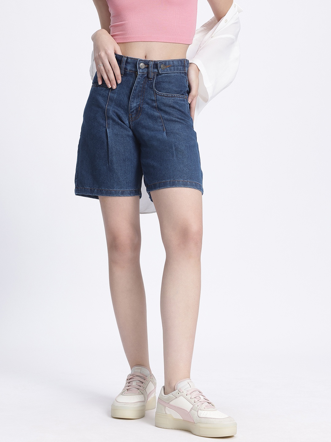 

glitchez Women Denim Appeal Washed Effect Regular Fit Jorts, Navy blue