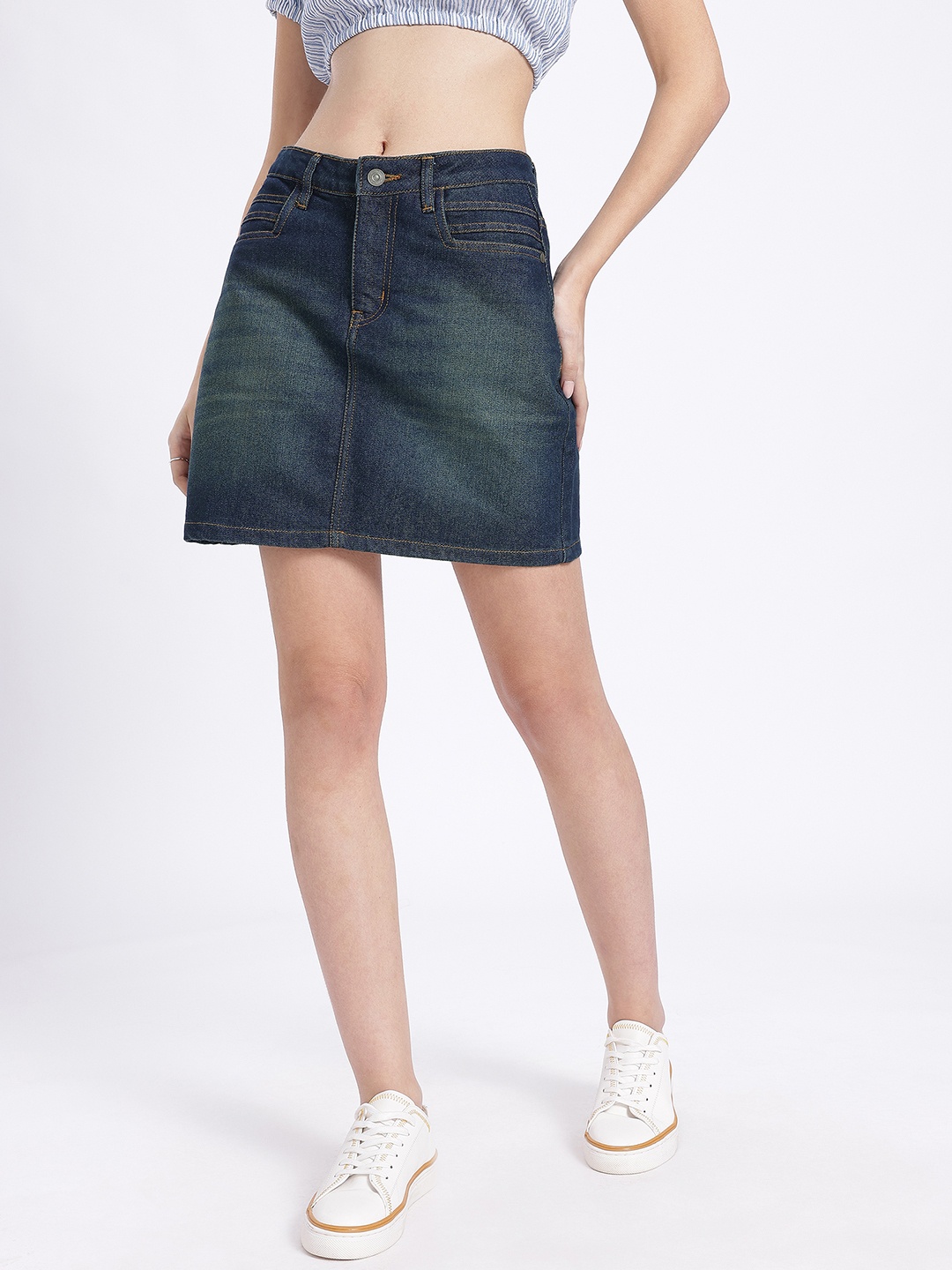 

glitchez Minimalist Muse Washed Mini Denim Skirt, Navy blue