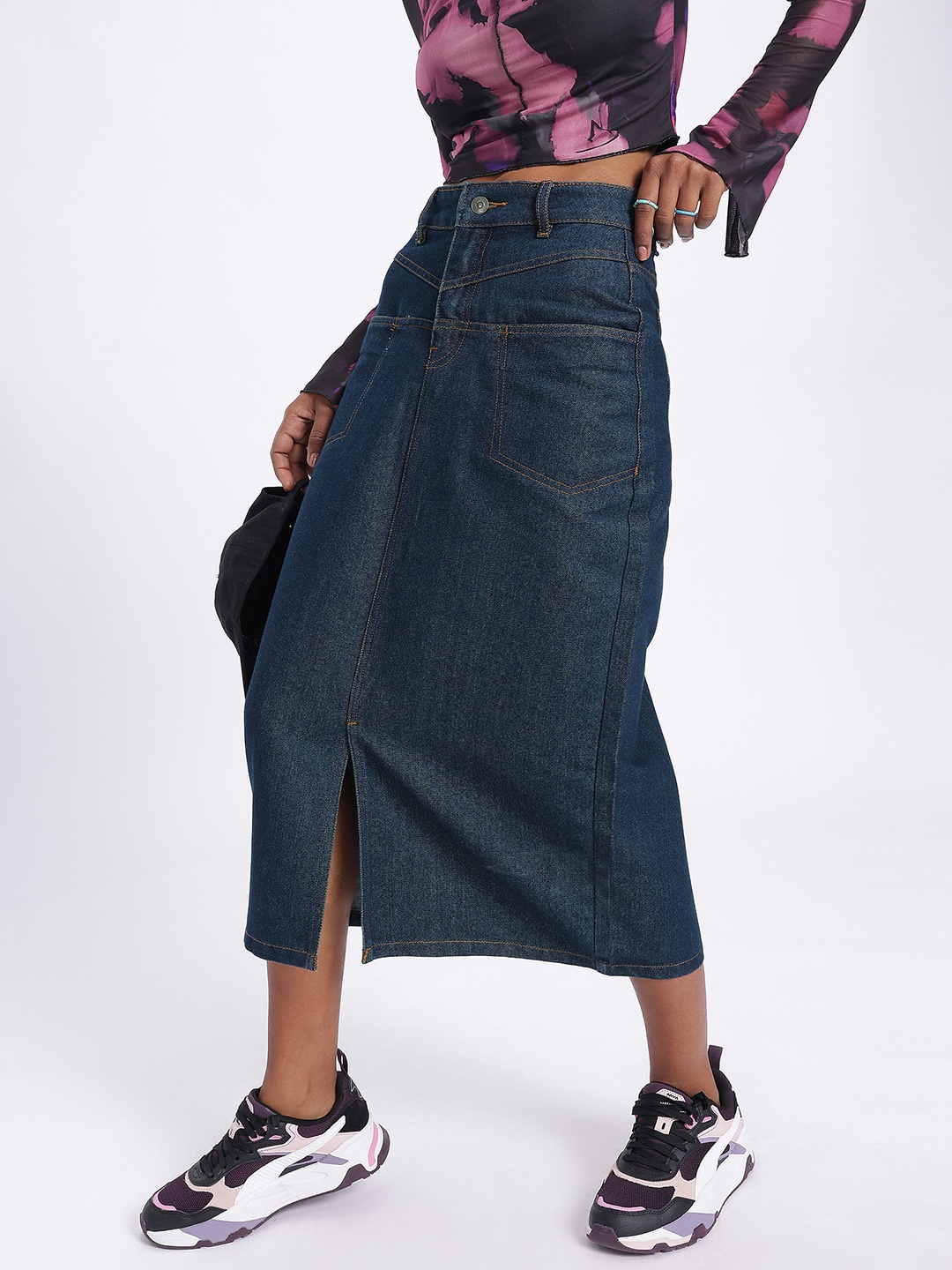 

glitchez Street Smart Front Slit Midi Denim Skirt, Navy blue