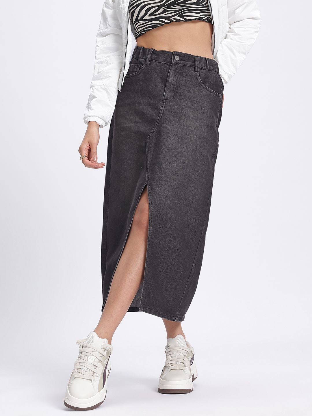 

glitchez Slit Drip Denim Midi Skirt, Charcoal