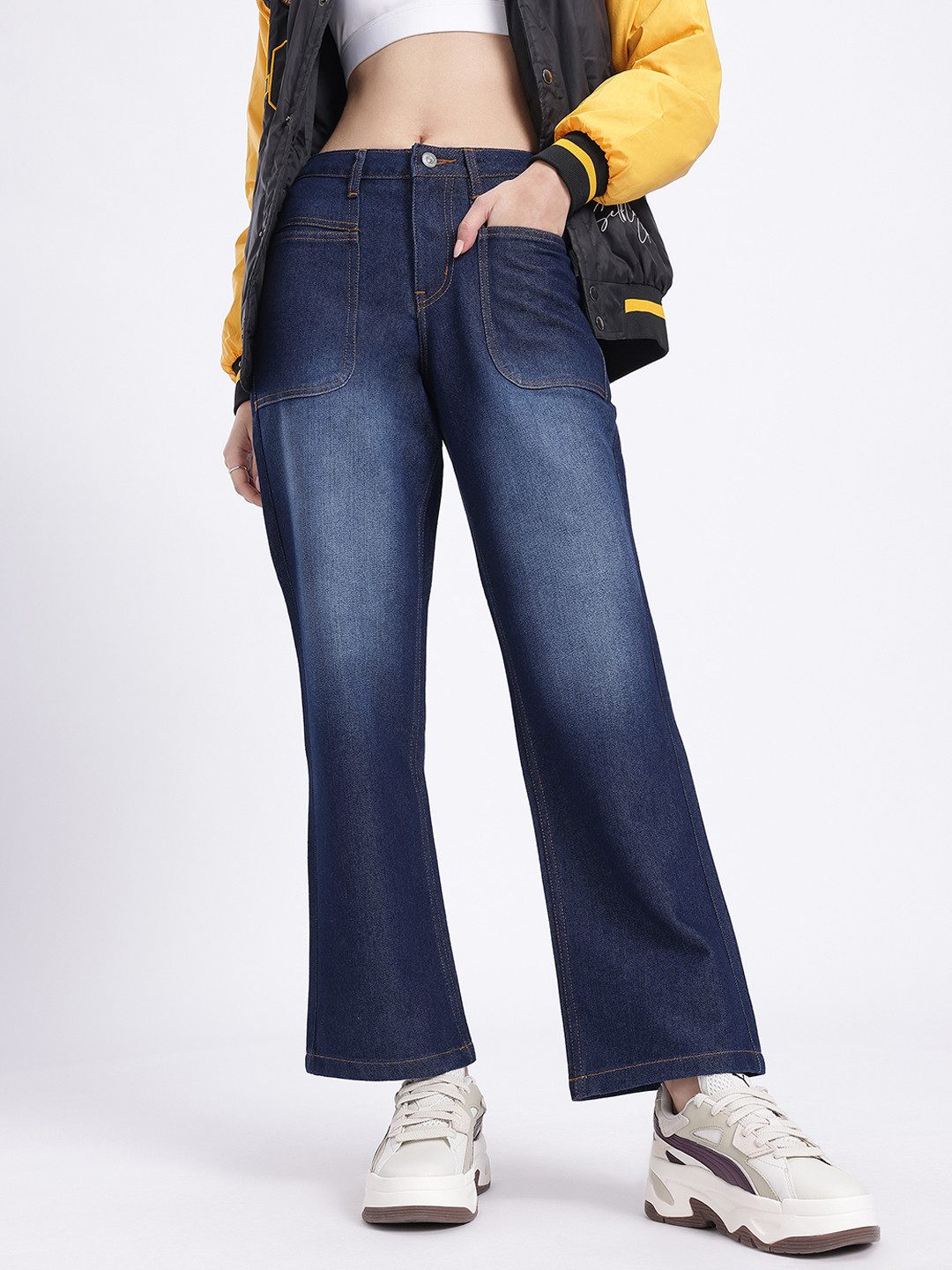 

glitchez Women Denim Finesse Regular Fit Heavy Fade Non-Stretchable Jeans, Navy blue