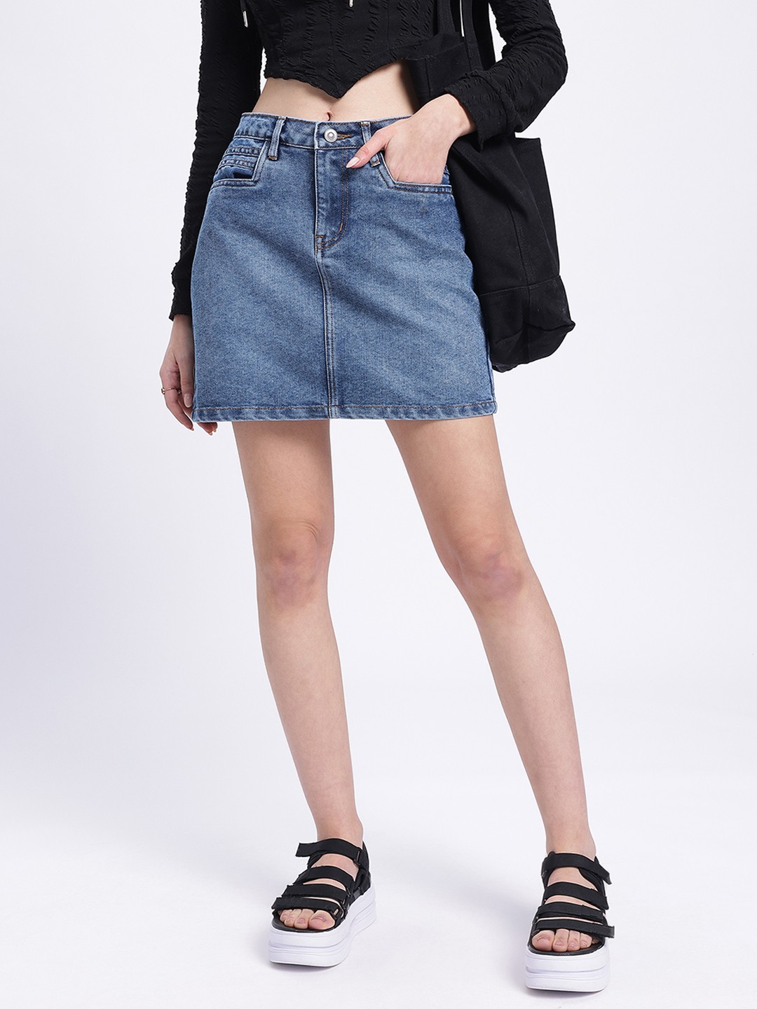 

glitchez Denim Flick Straight Fit Mini Skirt, Blue