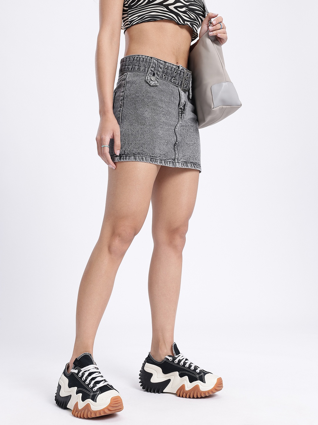 

glitchez Cutie Couture Belted Mini Denim Skirt, Charcoal