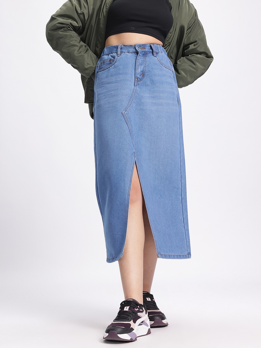 

glitchez Denim Drift Front Slit Straight Midi Skirt, Blue