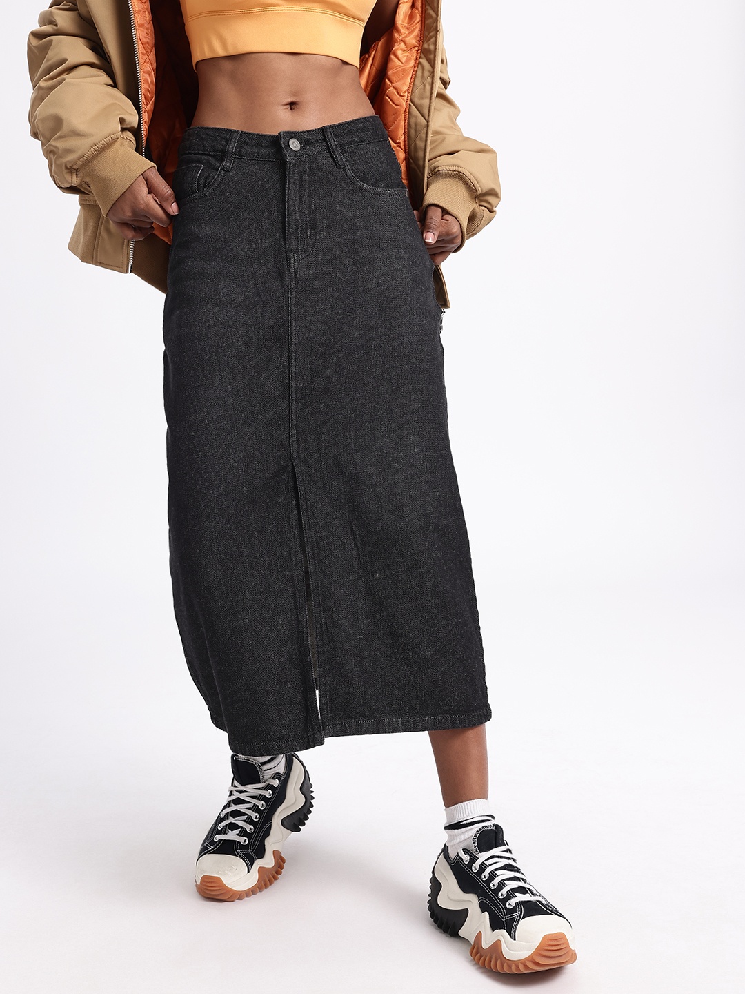 

glitchez Women Essential Revolution Split Denim Midi Skirt, Black