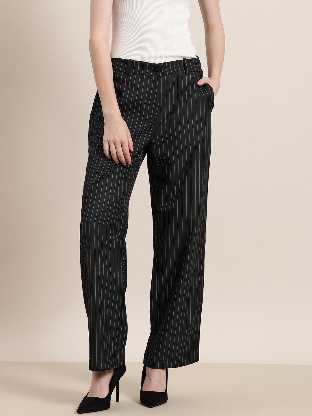 

HERE&NOW Striped Flared Trousers, Black