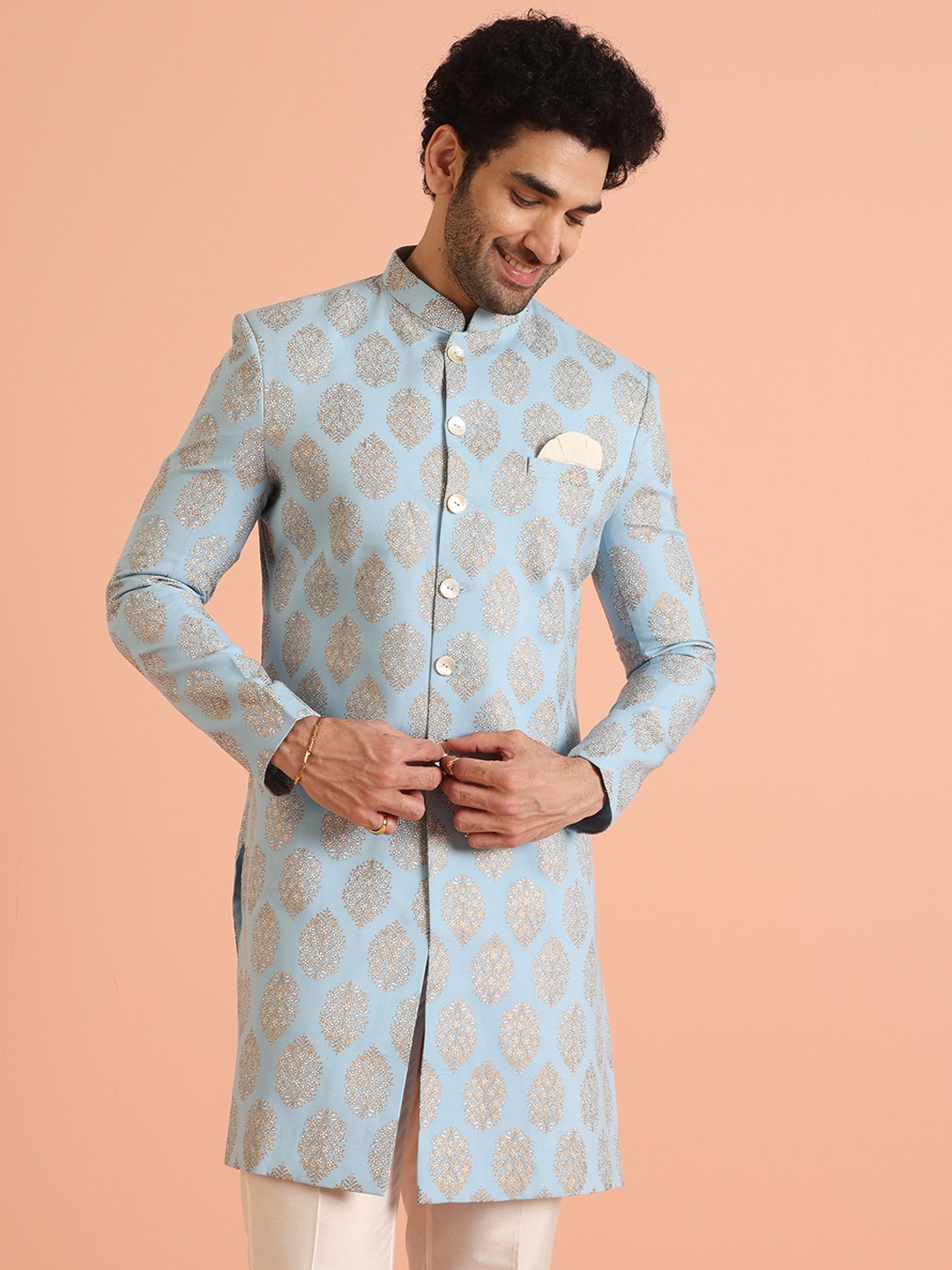 

Kisah Men Mandarin Collar Floral Printed Indowestern Sherwani, Blue