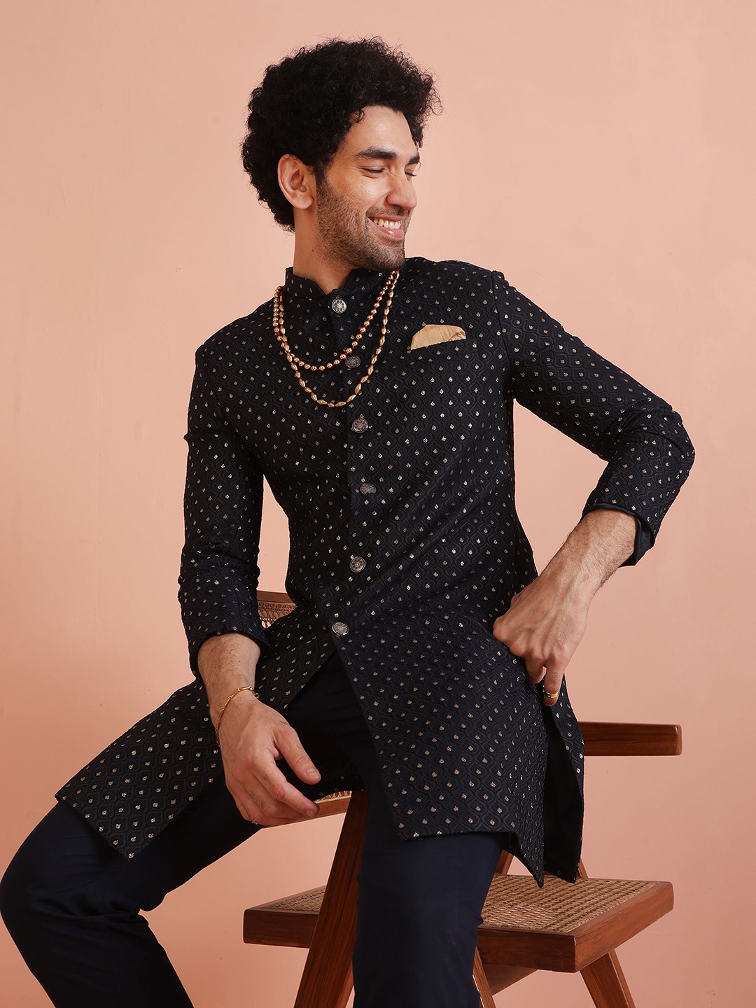 

KISAH Men Mandarin Collar Geometric Indowestern Sherwani, Navy blue