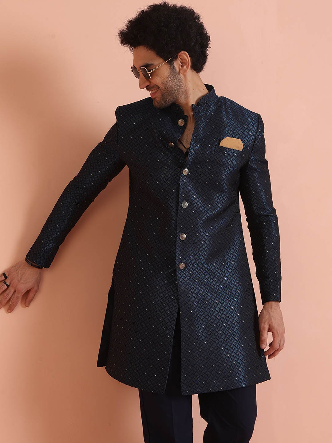 

KISAH Men Mandarin Collar Geometric Indowestern Sherwani, Navy blue