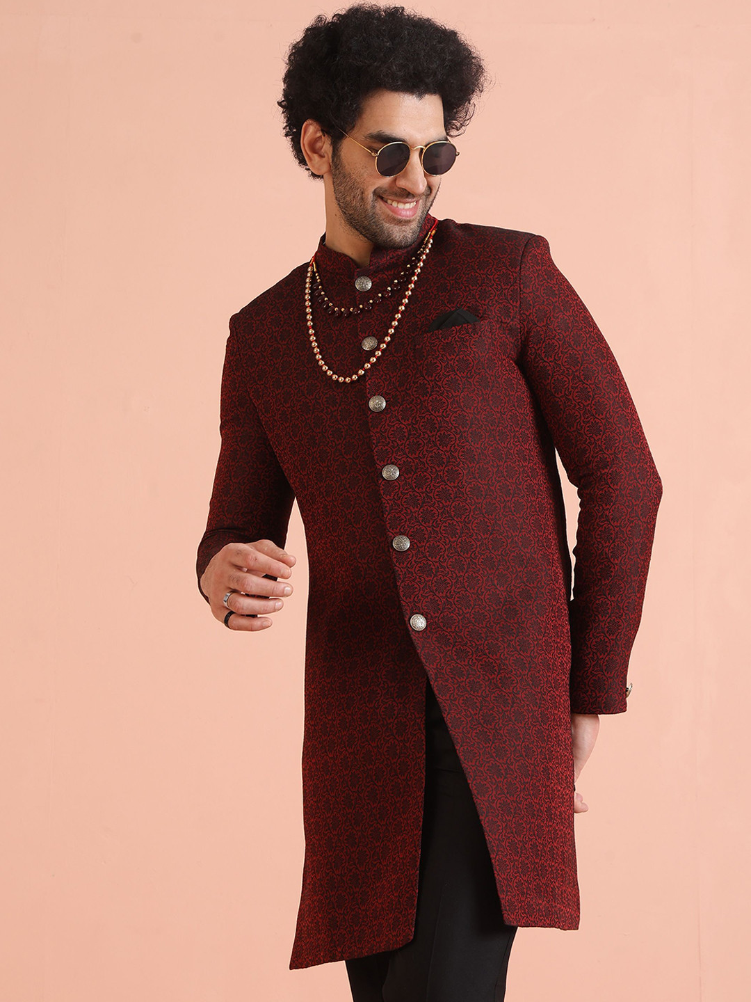 

KISAH Men Mandarin Collar Floral Indowestern Sherwani, Maroon