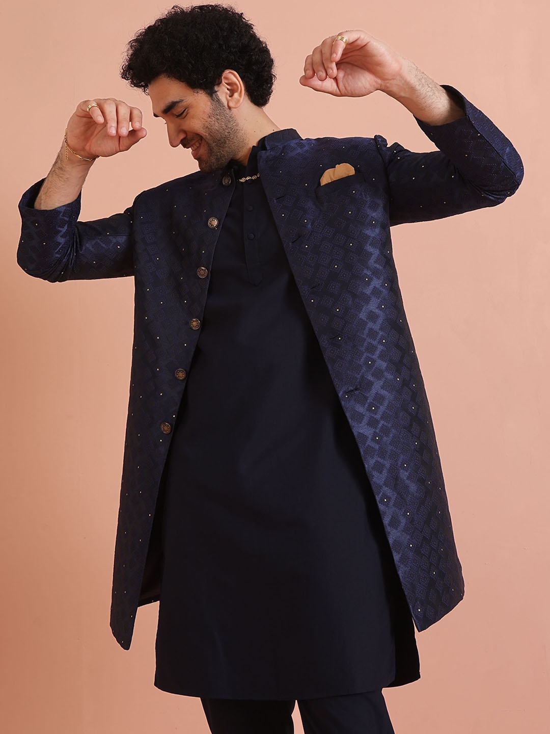 

Kisah Men Mandarin Collar Geometric Indowestern Sherwani, Navy blue