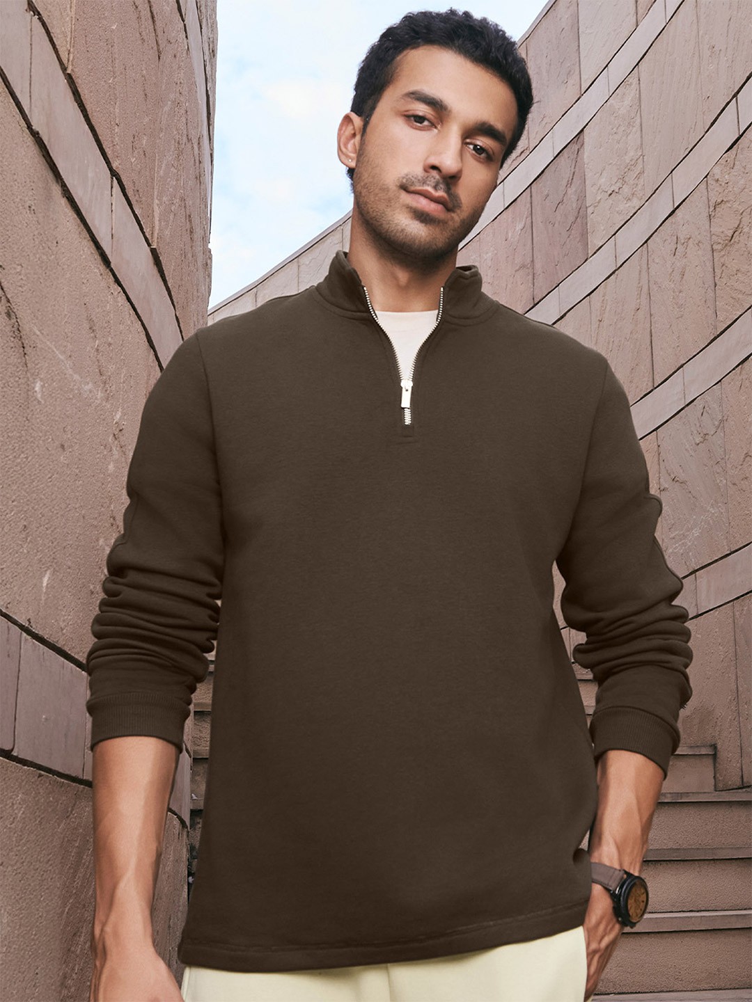 

XYXX Men Relaxed Fit Solid Brown IntelliSmooth Pulse Half-Zip Sweatshirt