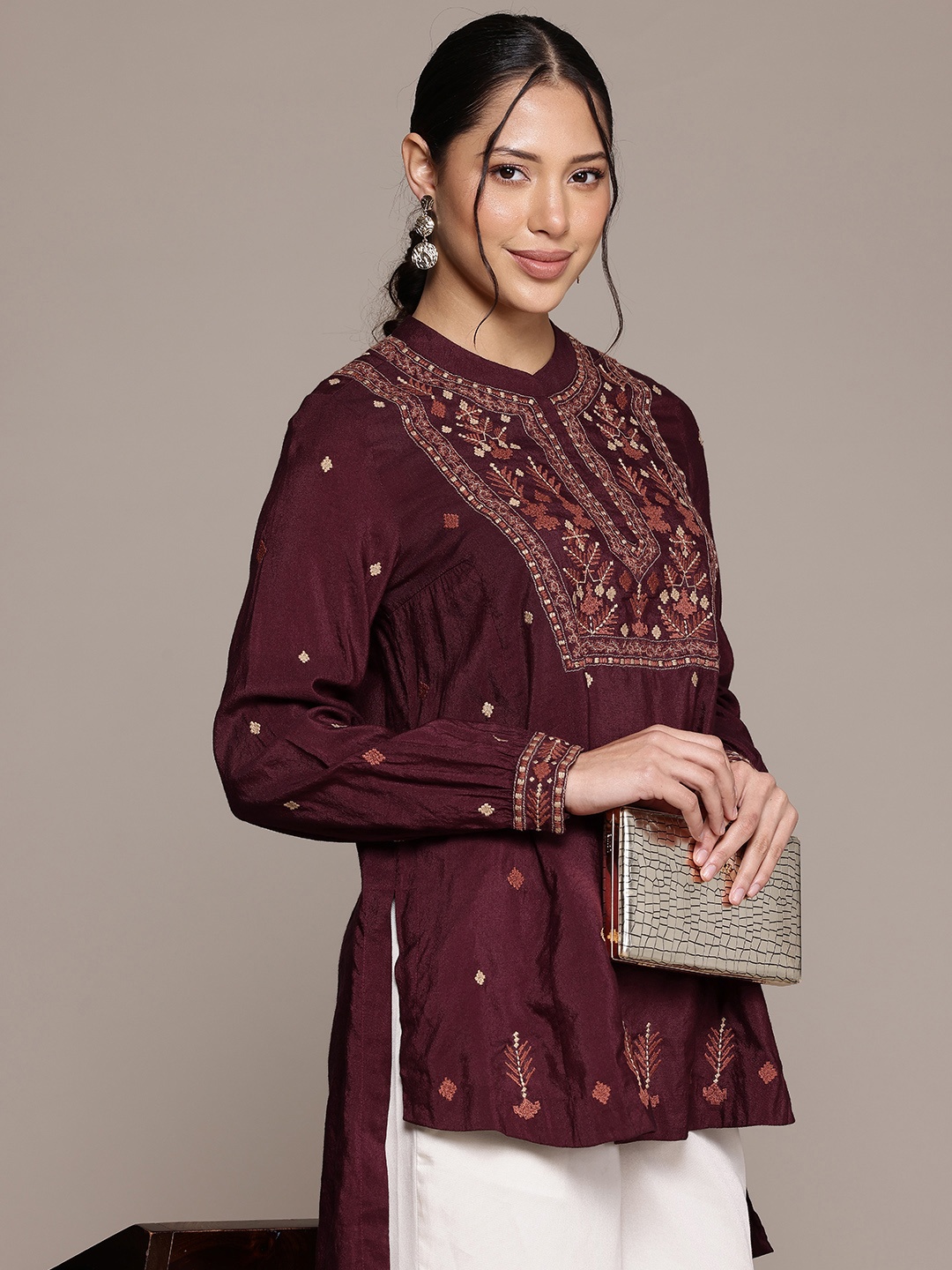 

Ritu Kumar Geometric Embroidered Thread Work Pure Cotton Thread Work Kurti, Maroon