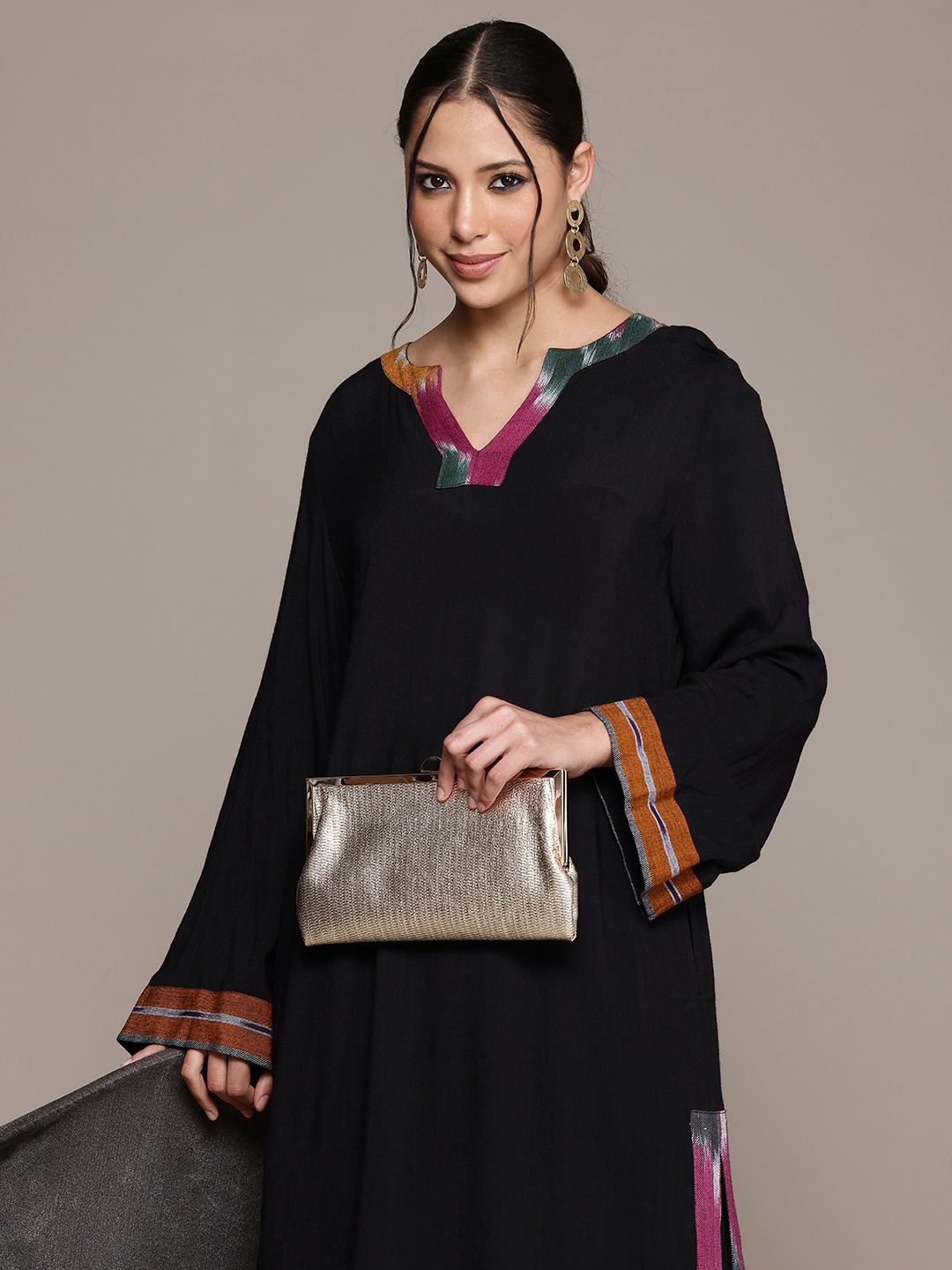 

Ritu Kumar Ikat Yoke Design Kurta with Trousers, Black